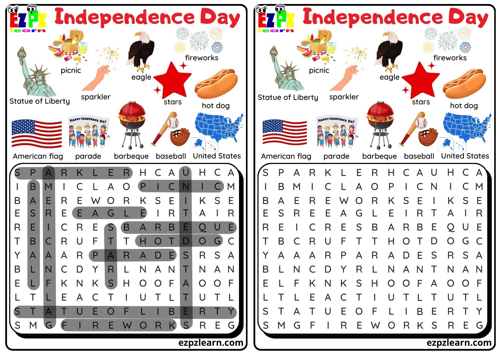 Independence Day Hard Word Search Ezpzlearn